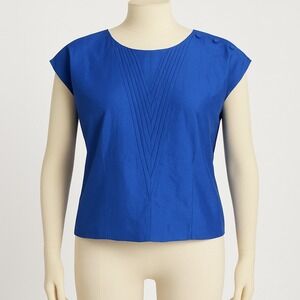 Vtg 100% Silk Blue Navy Cap Sleeve Pleated V Neck Blouse Top 16 XL Y2K Coquette